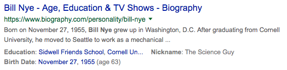 Search result showing Bill Nye title, link to bibliography